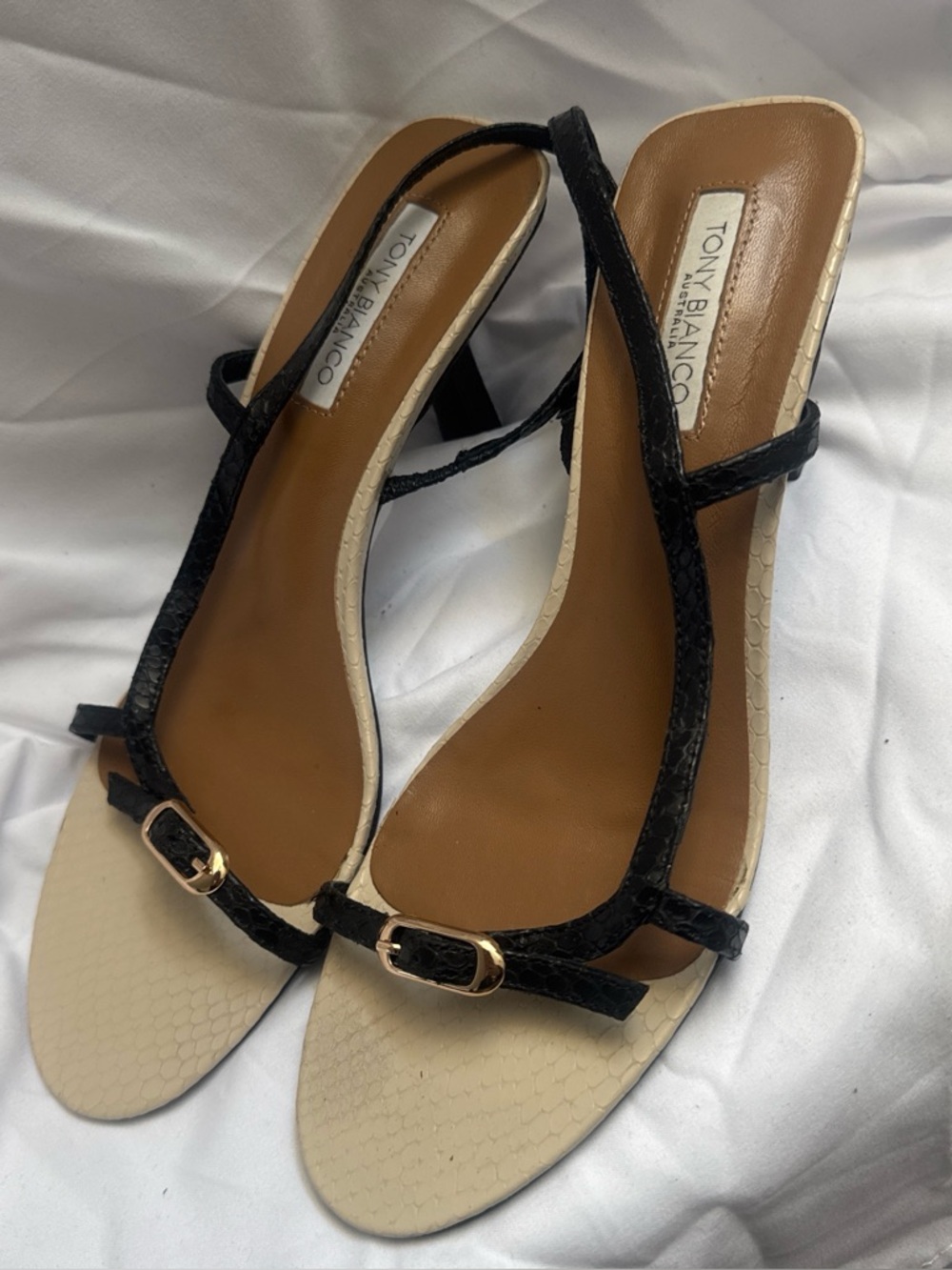 Tony Bianco Black Strappy & Cream Footbed Slingback Heels